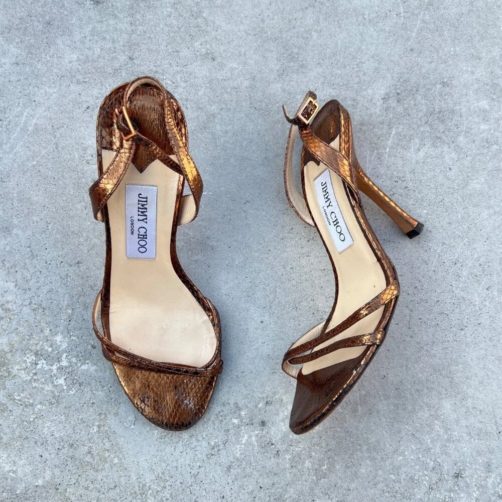 Jimmy Choo Gold Bronze Python Leather Strappy Slingback Stiletto